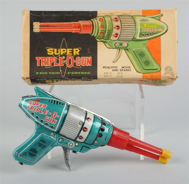 TIN & PLASTIC FRICTION SUPER TRIPLE-O-GUN IN BOX. 