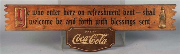 LONG COCA COLA WOOD SIGN WITH METAL ACCENTS       