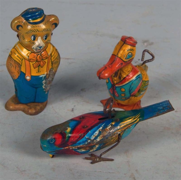 LOT OF 3: WIND UP BEAR, DUCK, AND BIRD TIN TOYS   
