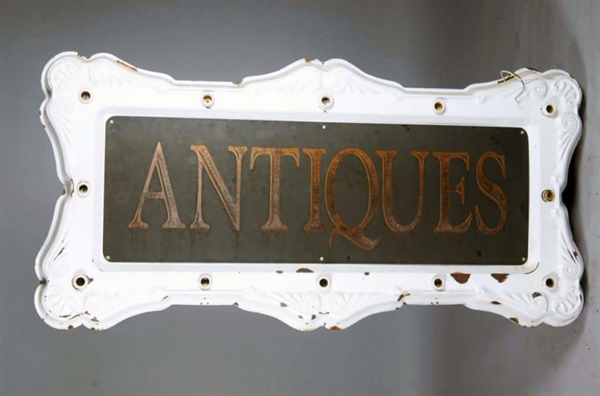 WHITE EMBOSSED ELECTRIC PORCELAIN ANTIQUES SIGN   