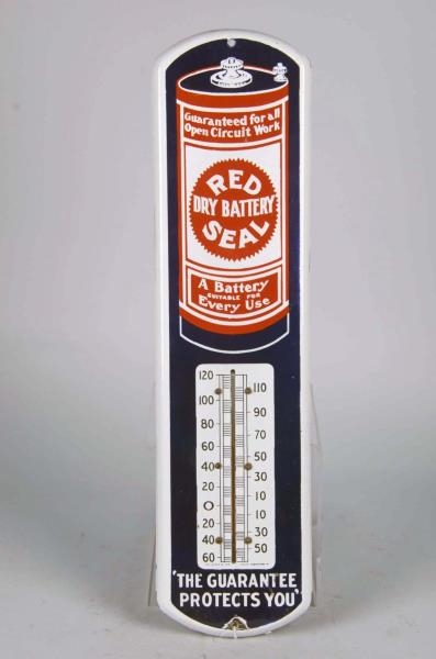 PORCELAIN RED SEAL DRY BATTERY THERMOMETER SIGN   