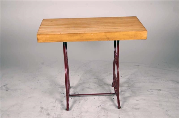 BUTCHER BLOCK TABLE ON SEWING MACHINE STAND       