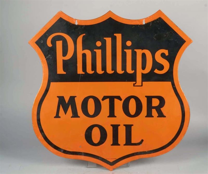 LARGE PHILLIPS MOTOR OIL PORCELAIN SHIELD SIGN.   