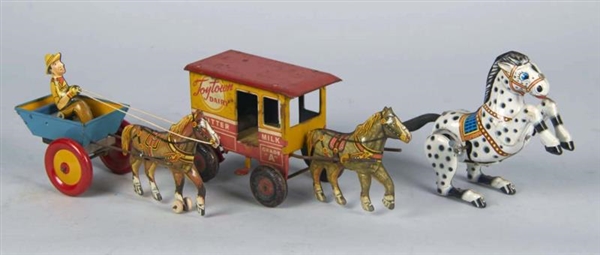LOT OF 3: KEY WOUND TIN LITHO HORSE RELATED TOYS  