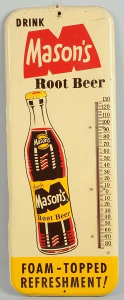 1950S EMBOSSED TIN MASONS ROOT BEER THERMOMETER.  