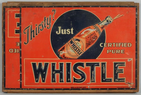 1920S EMBOSSED TIN WHISTLE SIGN ON BOARD FRAME.   