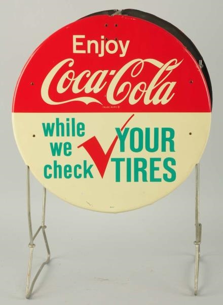 1962 COCA-COLA TIN TIRE RACK SIGN.                