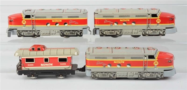 LOT OF MARX MONON LOCOMOTIVES AND CABOOSES.       