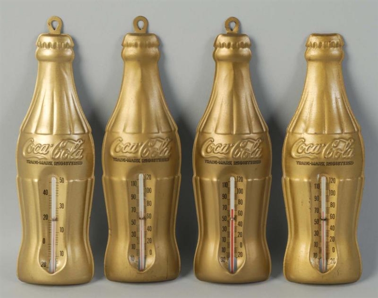 LOT OF 4: 1950S COCA-COLA GOLD BOTTLE THERMOMETER 