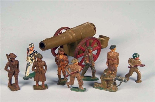 LOT OF ASSORTED SOLDIERS & CAST IRON TOY CANNON   