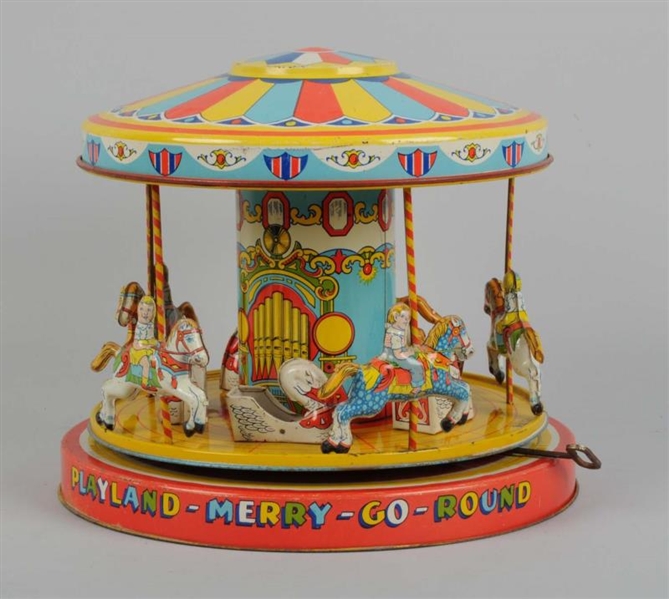 TIN WIND - UP PLAYLAND MERRY-GO-ROUND TOY.        