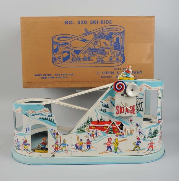 TIN LITHO WIND-UP SKI RIDE ROLLER COASTER IN BOX. 