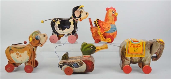 LOT OF 5: FISHER-PRICE PAPER ON WOOD ANIMAL TOYS. 