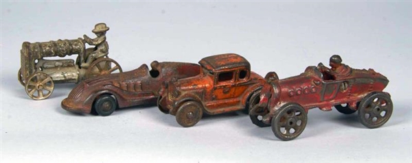 LOT OF 4 CAST IRON CARS & TRACTOR.                