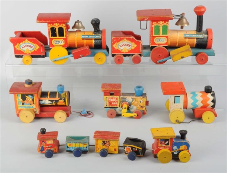 LOT OF 6: FISHER-PRICE PAPER ON WOOD TRAINS.      