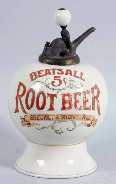 BEATS ALL ROOT BEER CERAMIC SYRUP DISPENSER.      