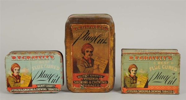 LOT OF 3: B. F. GRAVELY TOBACCO TINS.             