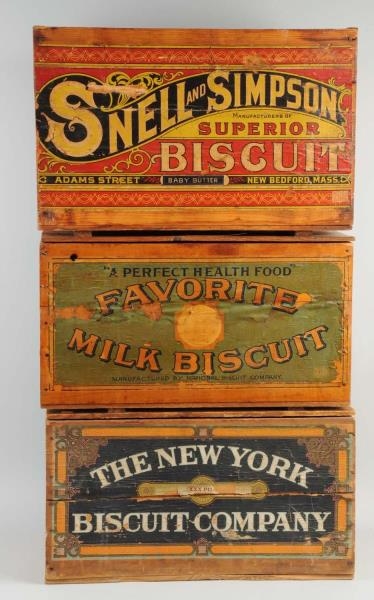 LOT OF 3: WOODEN BISCUIT CRATES.                  