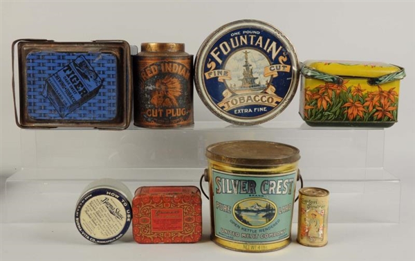 LOT OF 8: ASSORTED TINS & ADVERTISING PIECES.     