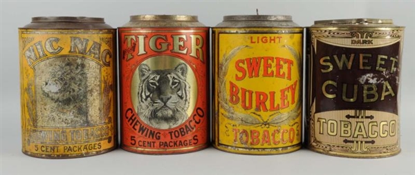 LOT OF 4: LARGE TOBACCO TIN CANS.                 