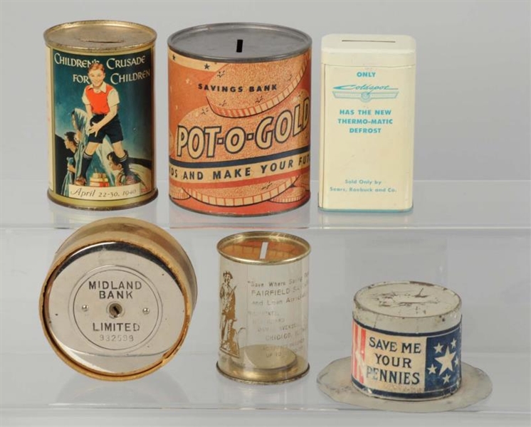 LOT OF 6: ASSORTED TIN BANKS.                     