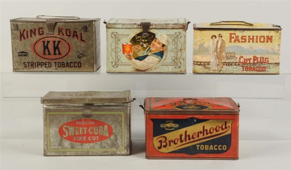 LOT OF 5: TOBACCO LUNCH PAIL TINS.                