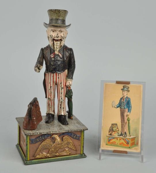 UNCLE SAM MECHANICAL BANK WITH TRADE CARD.        