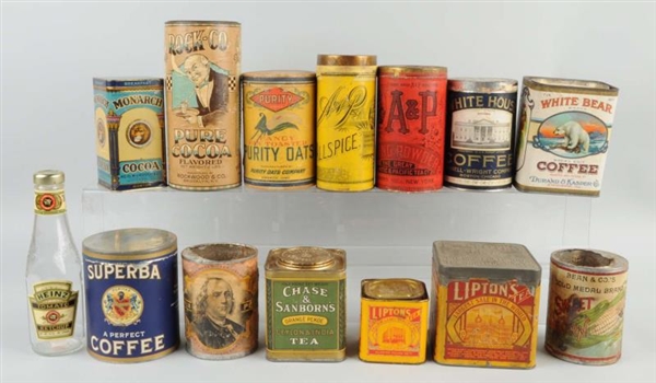 LOT OF 14: GENERAL STORE RELATED TINS.            