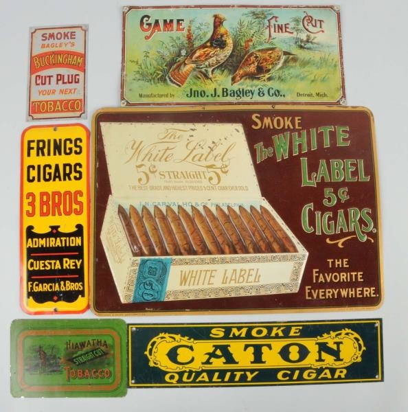 LOT OF 6: TIN TOBACCO PIECES.                     