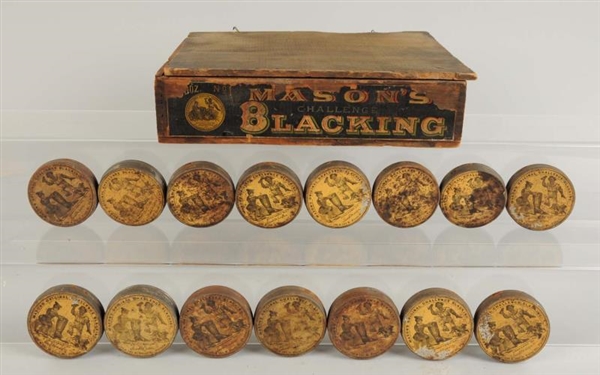 MASONS BLACKING BOX WITH 15 CANS.                