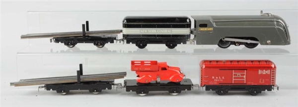 MARX GREY MERCURY AND ASSORTED FREIGHT CARS.      