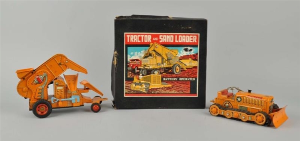 JAPANESE TIN LITHO TRACTOR & SAND LOADER TOY.     