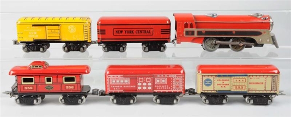 MARX RED CANADIAN PACIFIC & 5 ROLLING STOCK.      