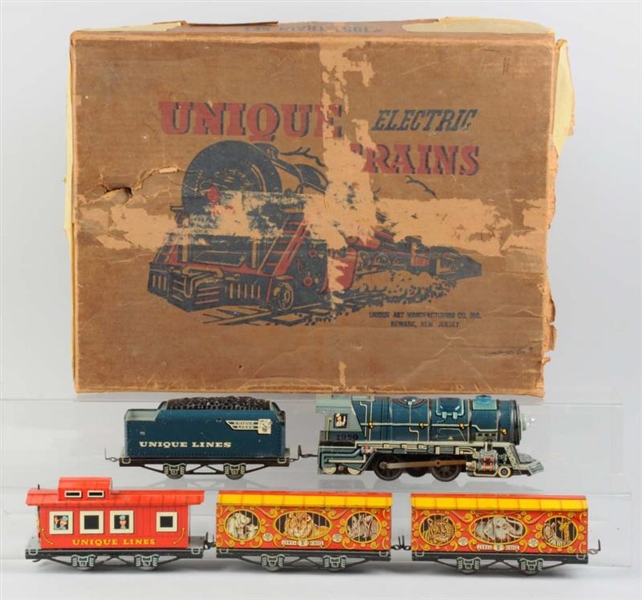 UNIQUE BOXED TRAIN SET WITH CIRCUS CARS.          