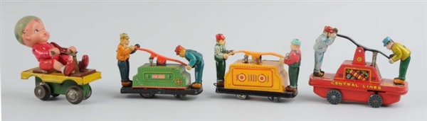 LOT OF 4: TIN LITHO TOY HAND CARS.                