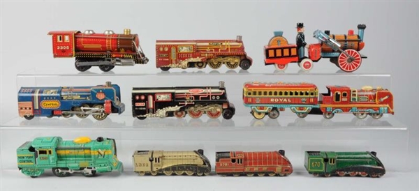LOT OF 10: MOSTLY JAPANESE TIN LITHO TOY TRAINS.  