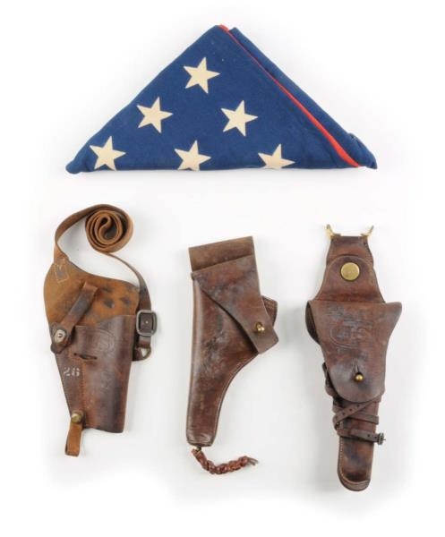 LOT OF 4: LEATHER HOLSTERS & U.S. FLAG.           