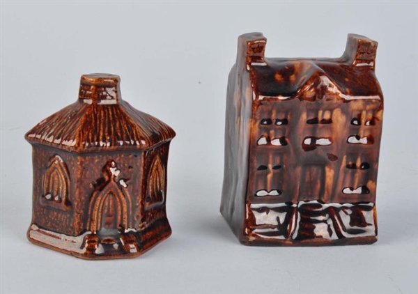 PAIR OF ROCKINGHAM WARE HOUSE POTTERY BANKS.      