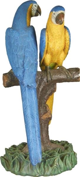 PAIR OF BLUE AND YELLOW PARROTS ON A BRANCH       