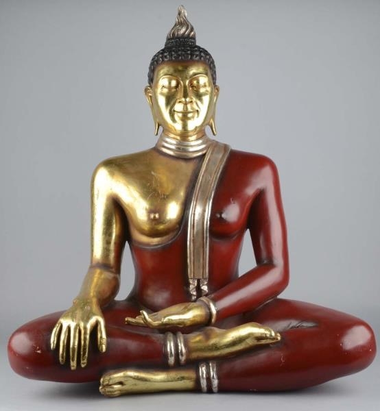 RED FEMALE BUDDHA STATUE WITH GOLDEN HIGHLIGHTS   