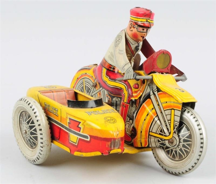MARX TIN WIND-UP POLICE MOTORCYCLE WITH SIDE CAR. 