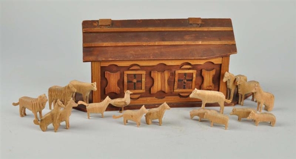 EARLY GERMAN WOODEN ARK & ANIMALS.                