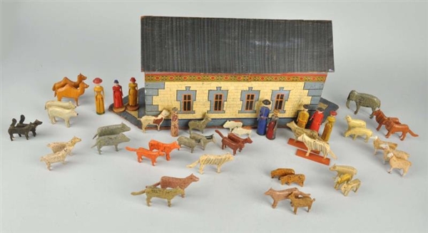 EARLY WOODEN ARK & ANIMALS.                       