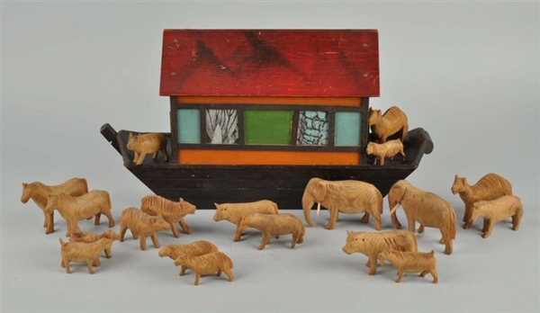 CONTEMPORARY WOODEN ARK & CARVED ANIMALS.         
