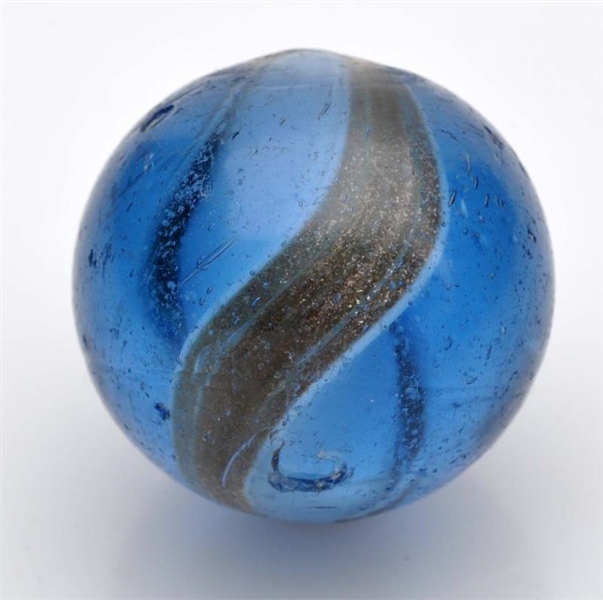 LARGE BLUE GLASS RIBBON LUTZ MARBLE.              