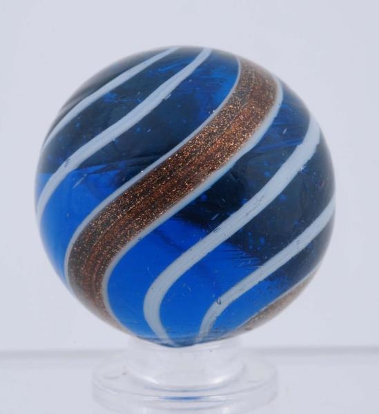 OUTSTANDING & LARGE BLUE GLASS BANDED LUTZ MARBLE 