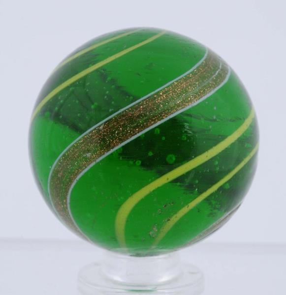 RARE LARGE GREEN GLASS BANDED LUTZ MARBLE.        
