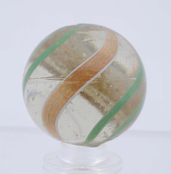 LARGE CLEAR BASE GREEN BANDED LUTZ MARBLE.        