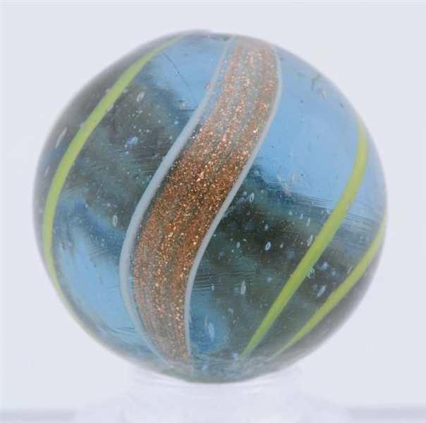 LIGHT BLUE GLASS BANDED LUTZ MARBLE.              