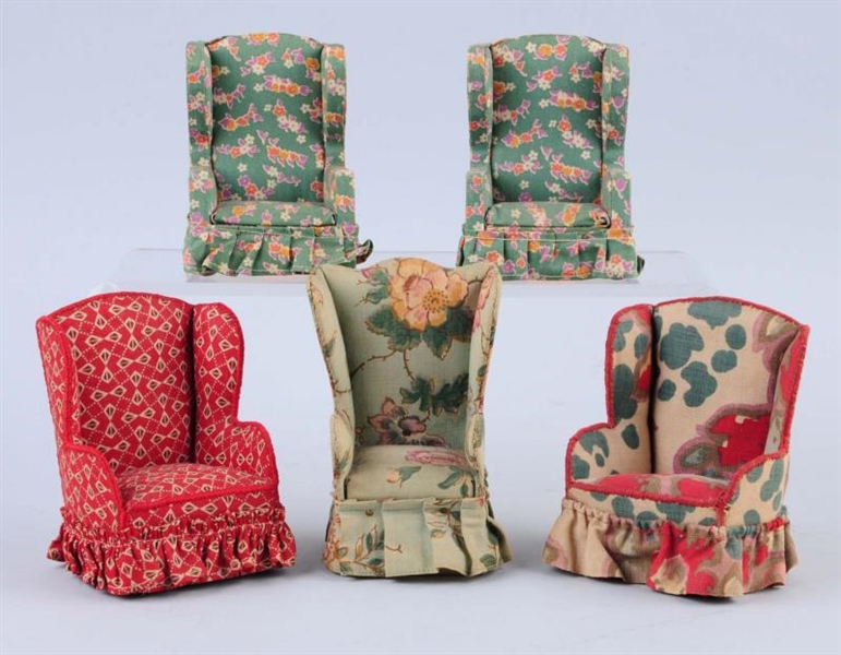 LOT OF 5: FABRIC COVERED DOLL WING BACK CHAIRS.   
